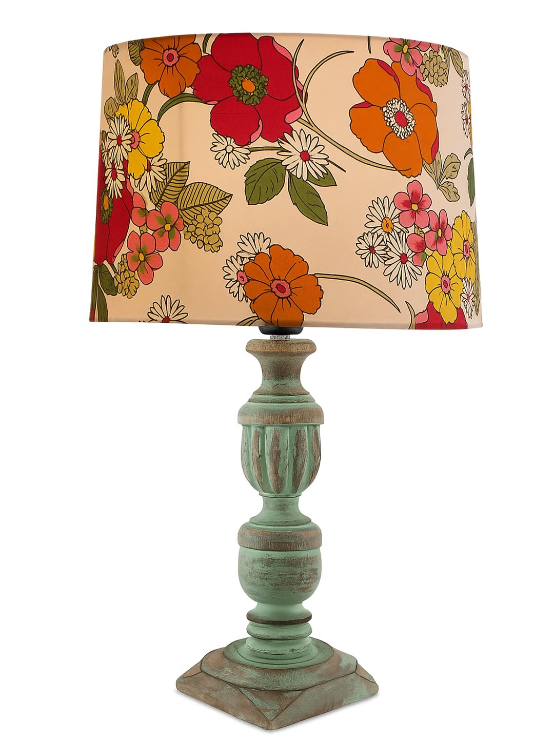 Decorcity Vintage Rustic Wooden Table Lamp for Living Room & Bedroom | Handcrafted Teal Distressed Base with Fabric Drum Shade | Bedside Nightstand Lamp for Home Décor (Gazania Sunshine)