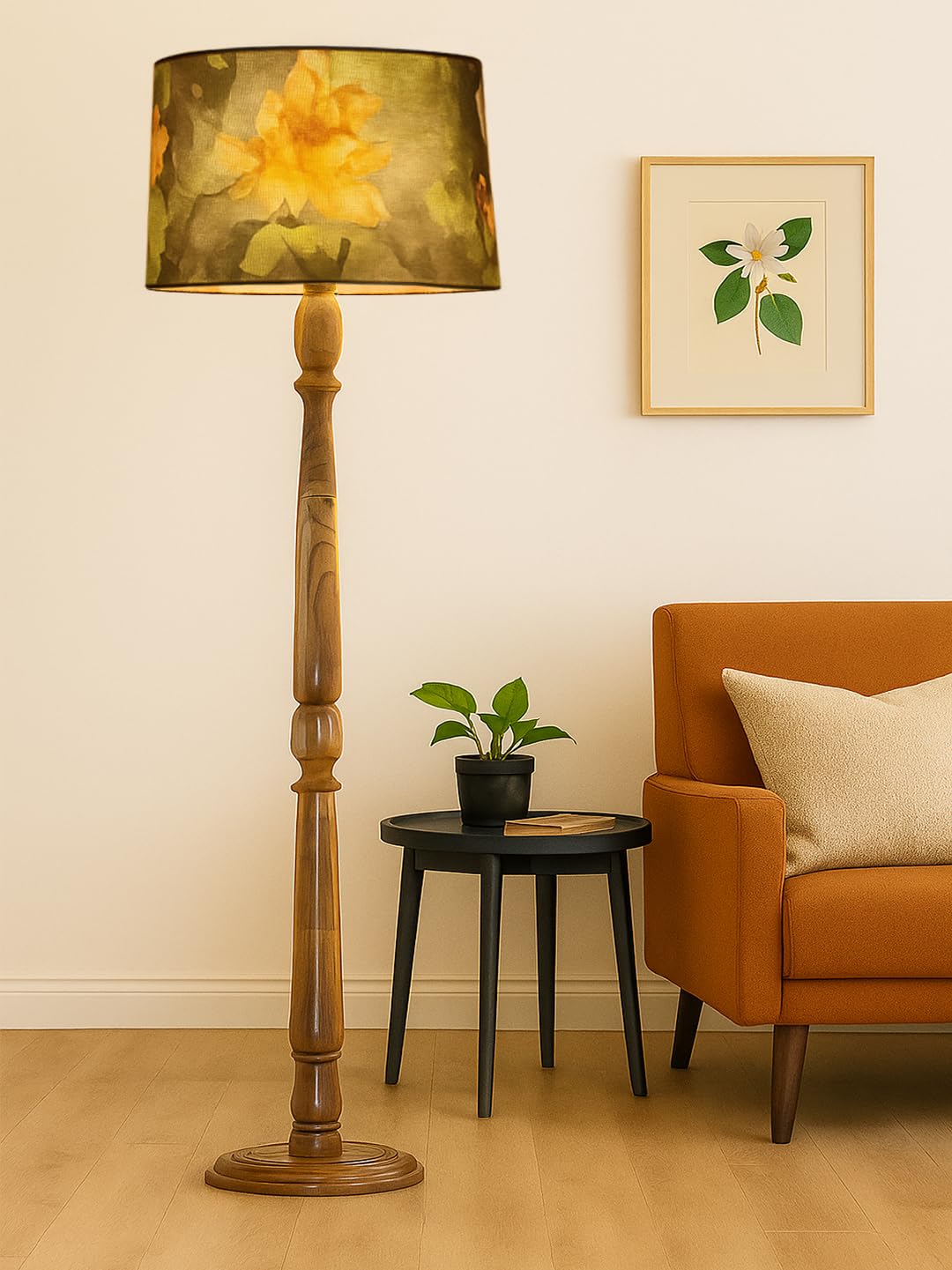 Classic Chic Vintage Stand Floor Lamp with Multicolor Taper Lamp Shade | Light Decoration for Home | Living Room & Bedroom Bedside Floor Lamp | Wooden Floor Lamp Round Rim wild meadow