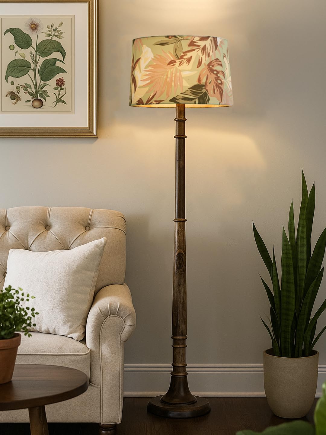 Decorcity Rustic Walnut Brown Wood Floor Lamp with Multicolor Fabric Shade Antique Style Bedside, Living Room, Bedroom, Corner, Light Décor (Tulib Palm Leaf)