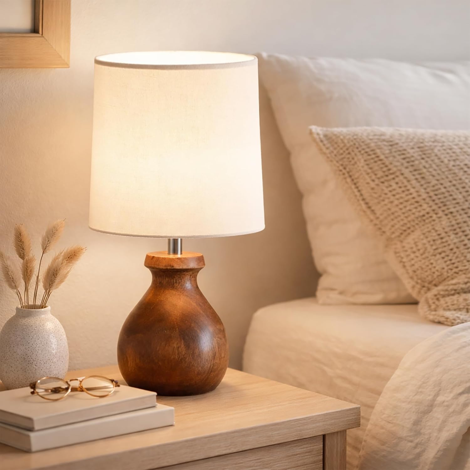 Mini Farmhouse Wooden Dome Dowel Pot Table Lamps Vintage Small Lamps Decorative for Small Spaces Bedside Lamps Suitable for Nightstand Children's Room or University Dormitory White