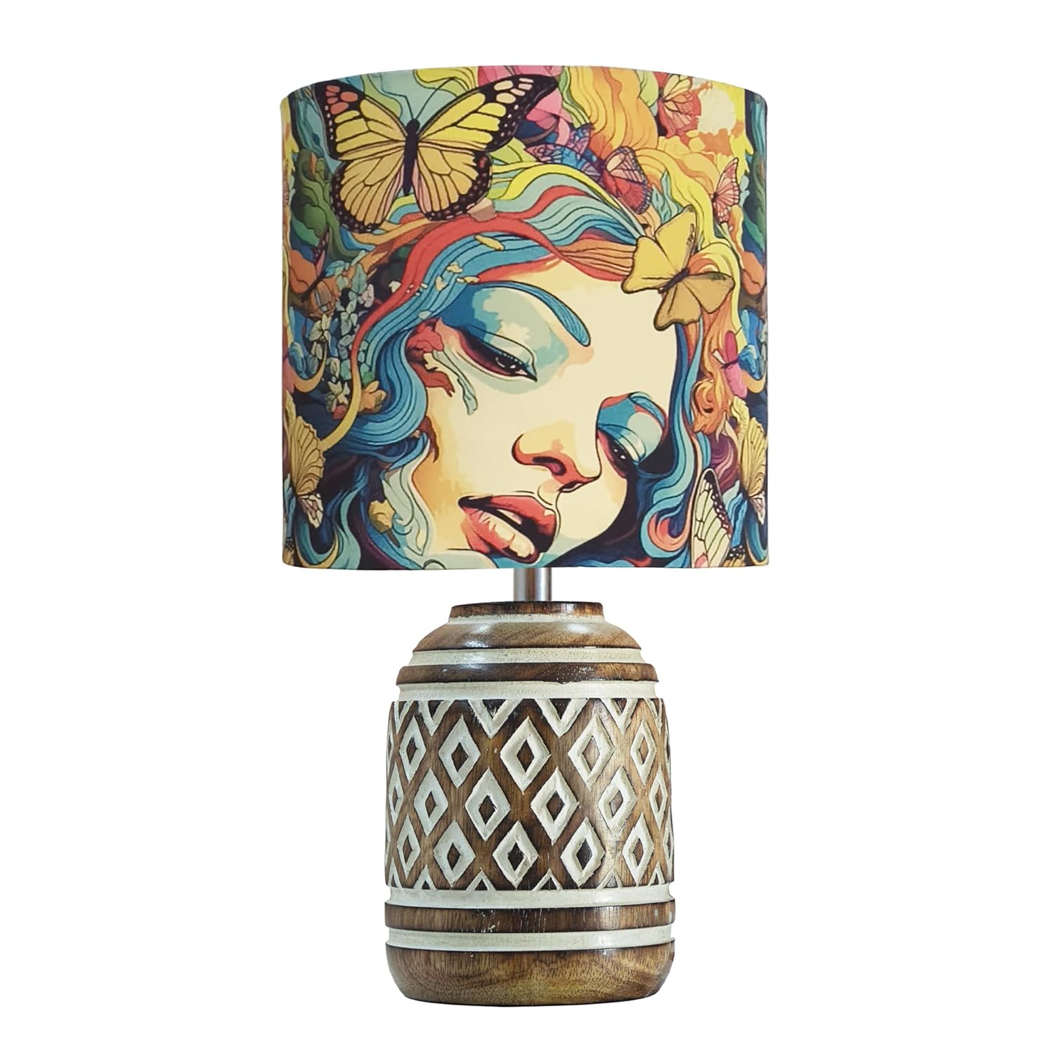 Antique Carved Cylinder Wood Table Lamp Wooden Nightstand Lamp Kids Table Lamp for Bedroom Kids Bedside Cartoon Nursery Lamp with Shade Butterflies