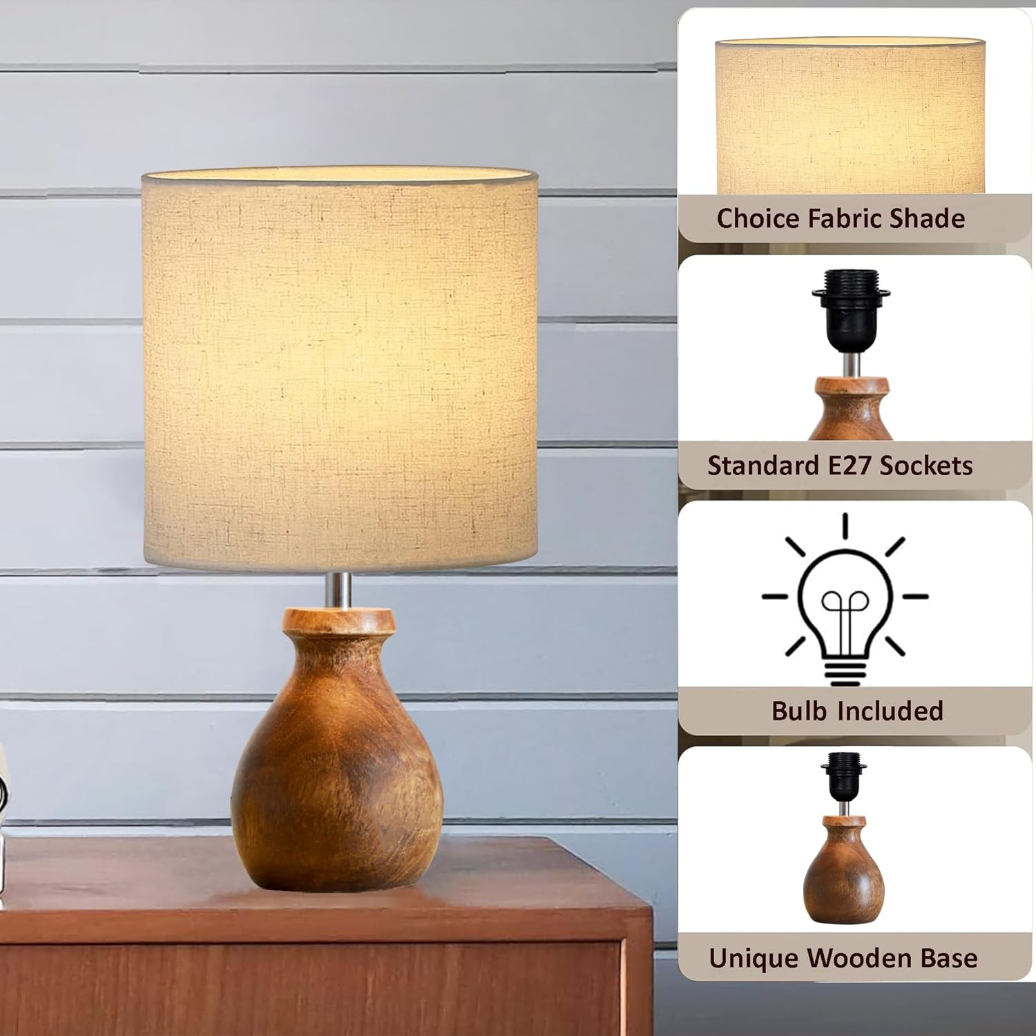 Mini Farmhouse Wooden Dome Dowel Pot Table Lamps Vintage Small Lamps Decorative for Small Spaces Bedside Lamps Suitable for Nightstand Children's Room or University Dormitory Beige