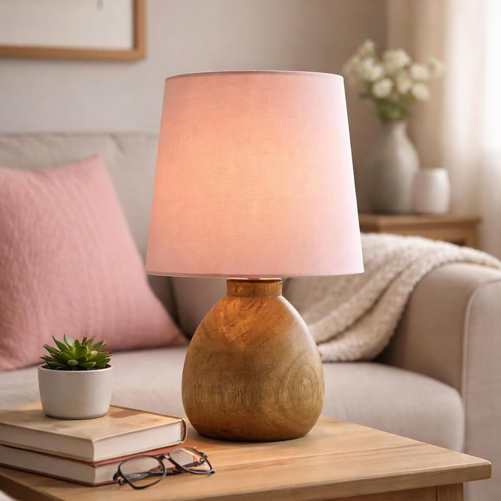 Cute Dowel Pot Wooden Table Lamp for Bedroom, Small Table Lamp Farmhouse Rustic Lamp Set Bedside Table Lamps for Nightstand Side Table Lamps for Living Room for Bedroom, Home Office, Living Room, Kids Dorm Pink