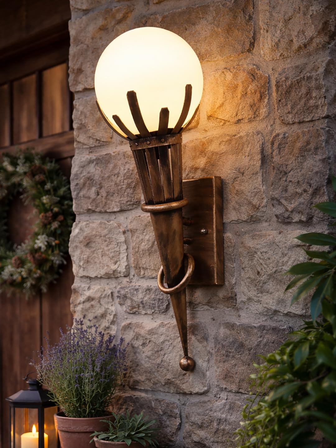 Antique Torch Wall Light with Frosted Glass Globe | Vintage Metal Wall Sconce for Living Room, Bedroom, Hallway, Staircase | Warm Ambient Lighting | Bulb Not Included