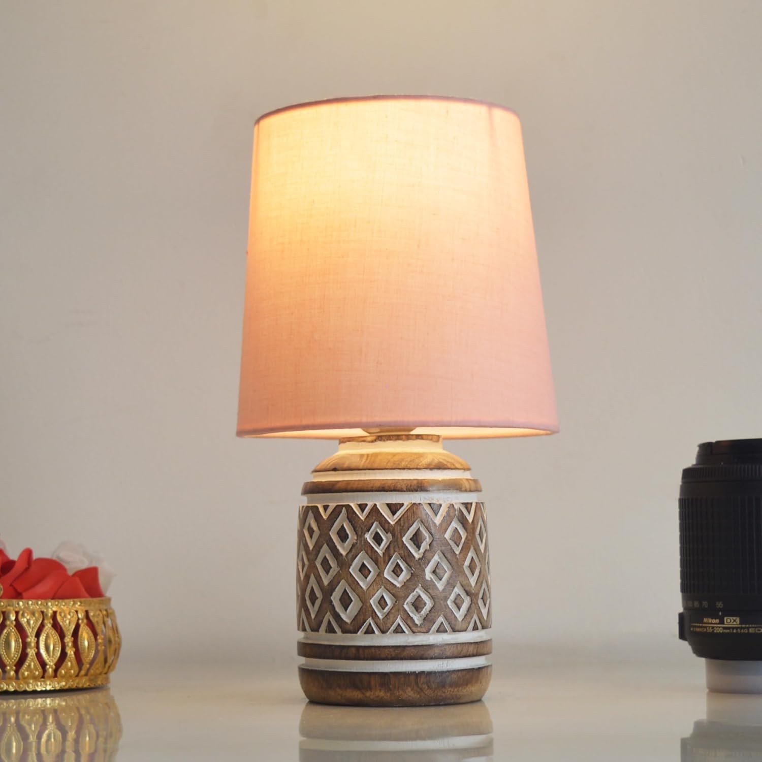 Antique Carved Wood Table Lamp with Linen Wooden Nightstand Lamp Kids Table Lamp for Bedroom Kids Bedside Cartoon Nursery Lamp Lampshade for Girls Boys Living Room Green