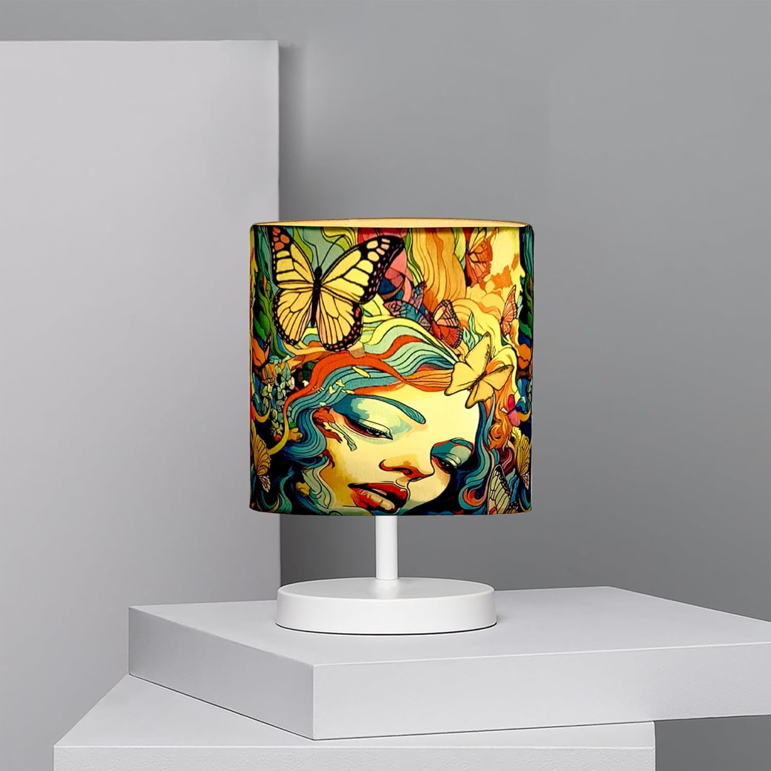 Bedside Table Lamp, Artistic Modern Nightstand Desk Light with Fabric Shade, Reading Nightstand Light Bedside Lamp for Bedroom, Living Room, Childrens Room, Office, White (Butterflies)