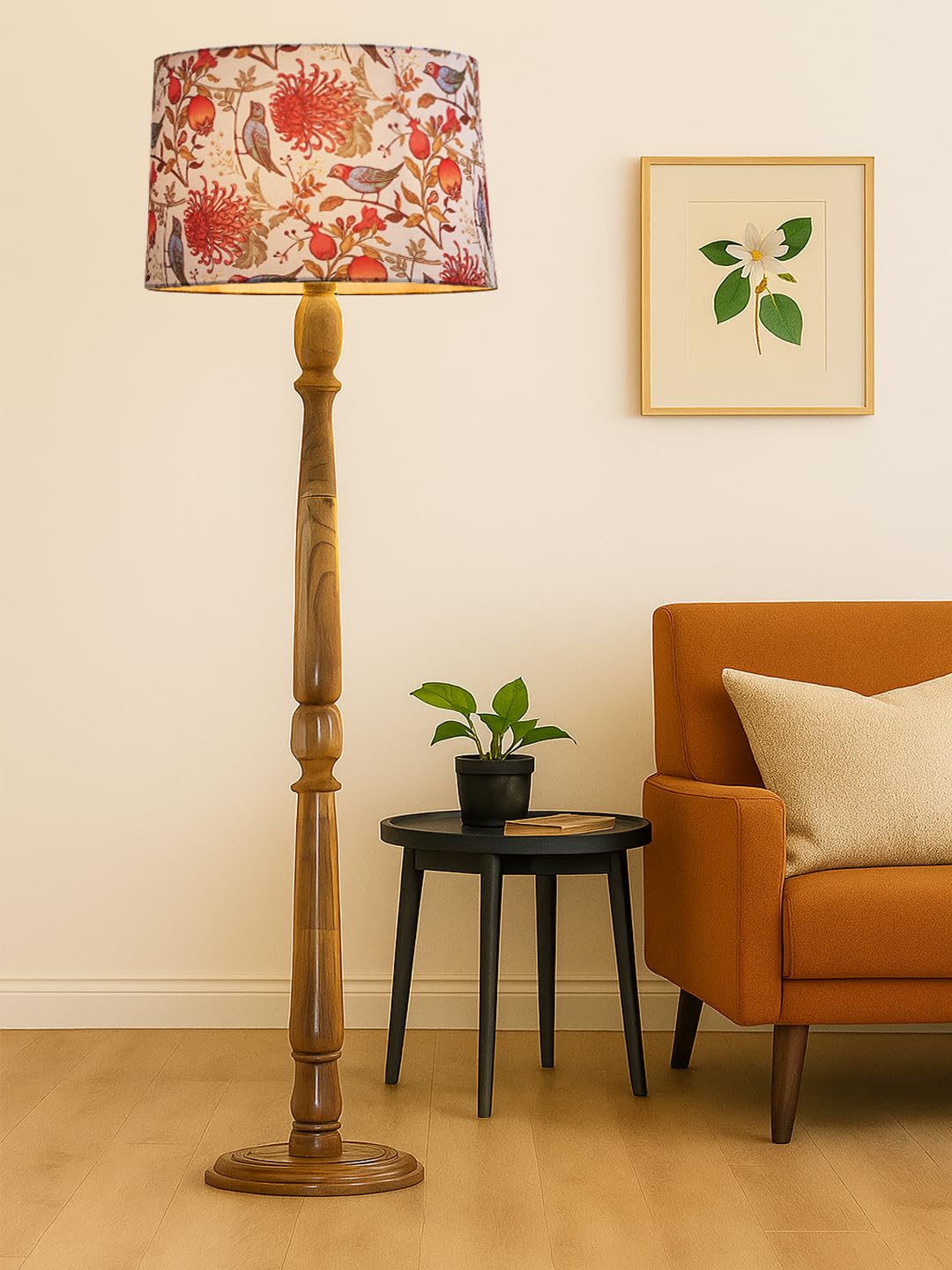 Classic Chic Vintage Stand Floor Lamp with Multicolor Taper Lamp Shade | Light Decoration for Home | Living Room & Bedroom Bedside Floor Lamp | Wooden Floor Lamp Round Rim Bird