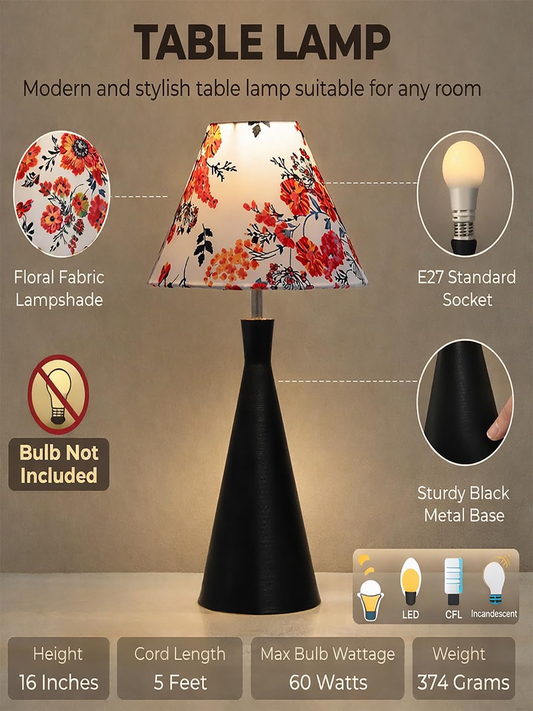 Black Metal Cone Table Lamp with ShadeTable Lamp for Home Decoration | 'Intriguingly Goth' Handcrafted Table Lamp for Living Room Bedroom, Entertainment Room, Office, Kitchen, Dining Marigold