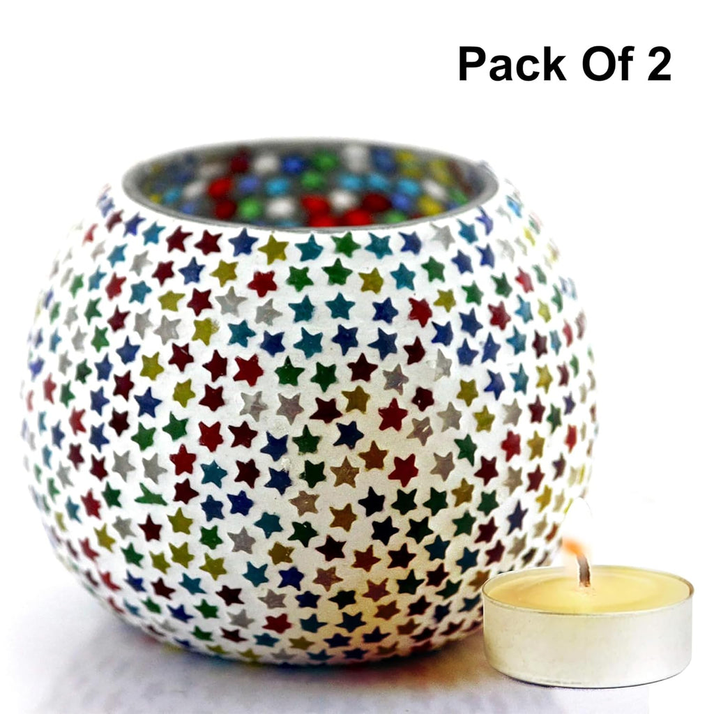 Handmade Multi-Star Mosaic Glass Tealight Candle Holders Set of 2 for Home Décor | Decorative Diwali Lights | Festive Table Centerpiece for Christmas & New Year