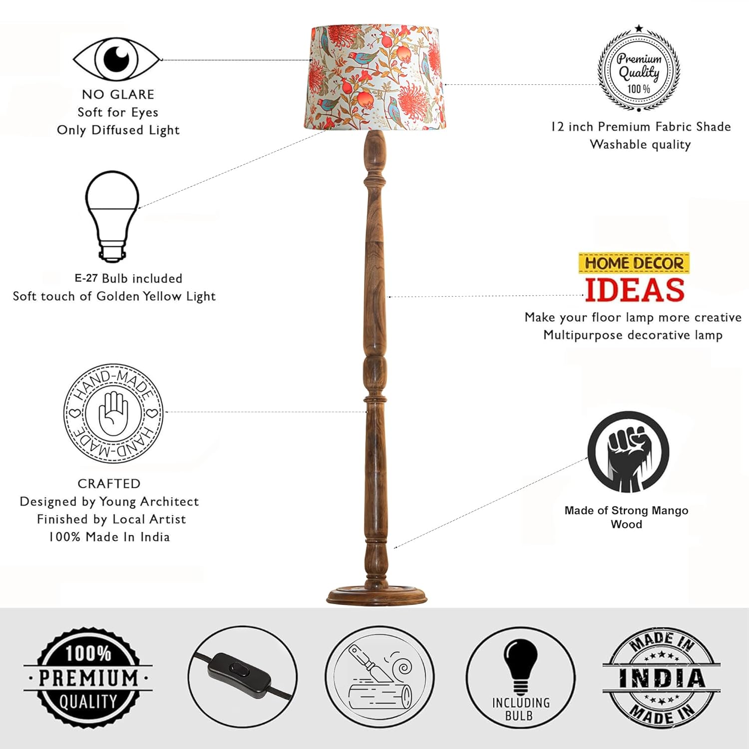 Classic Chic Vintage Stand Floor Lamp with Multicolor Taper Lamp Shade | Light Decoration for Home | Living Room & Bedroom Bedside Floor Lamp | Wooden Floor Lamp Round Rim Bird