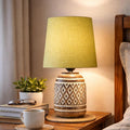 Antique Carved Wood Table Lamp with Linen Wooden Nightstand Lamp Kids Table Lamp for Bedroom Kids Bedside Cartoon Nursery Lamp Lampshade for Girls Boys Living Room Green