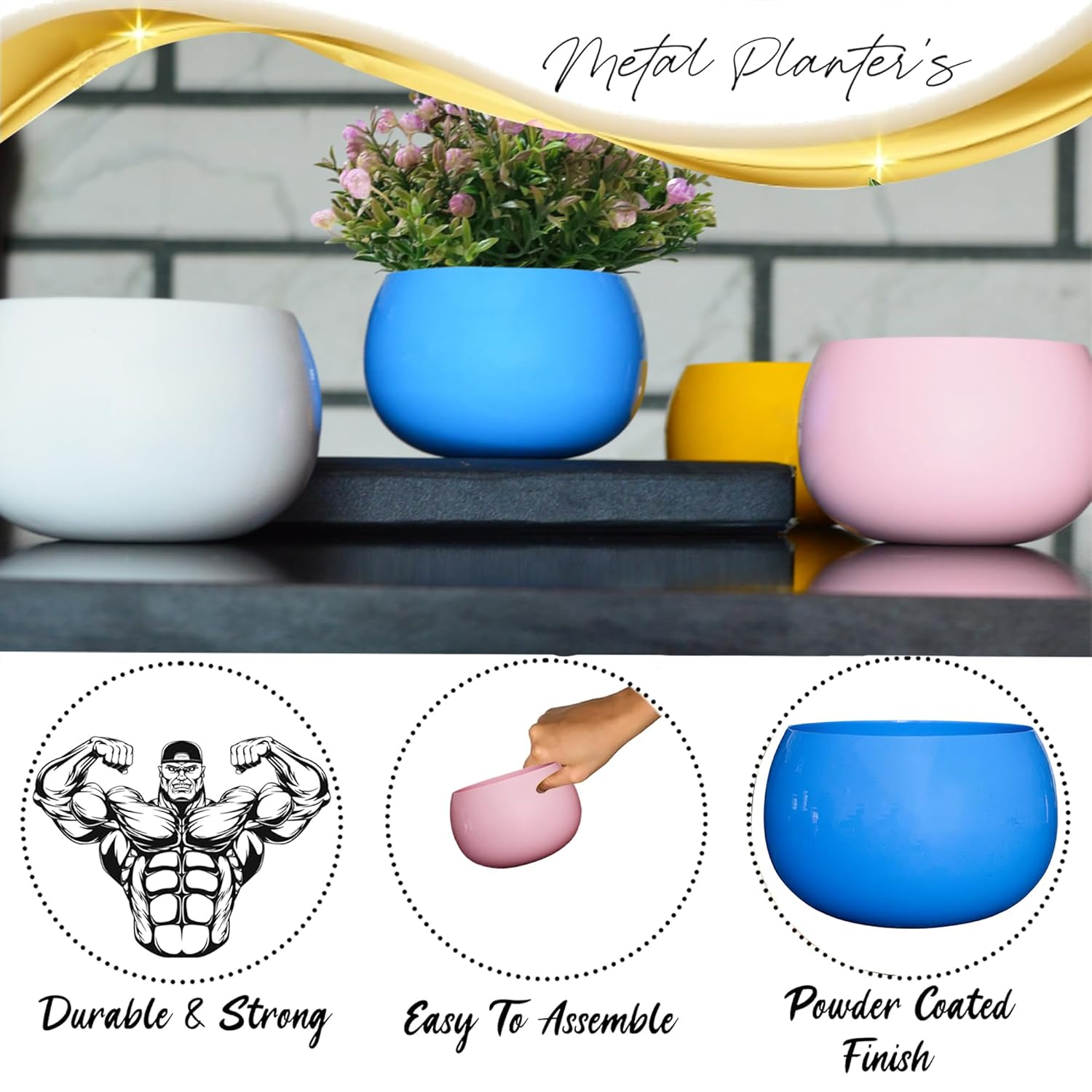 Flower Pot Plant Pots Round Metal Small PotsFlower Pots Solid Color Round Garden SuppliesPlanters with Drainage Holes Succulent Planting Pots House Plants, Succulents, Flowers Yellow Set of 4