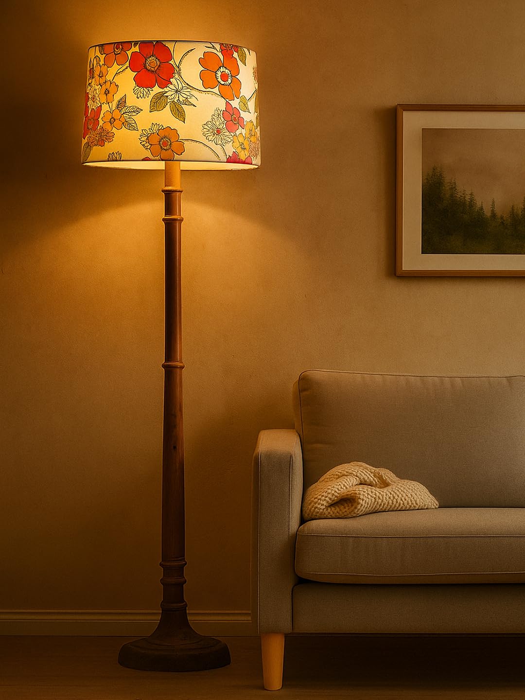 Decorcity Rustic Walnut Brown Wood Floor Lamp with Multicolor Fabric Shade Antique Style Bedside, Living Room, Bedroom, Corner, Light Décor (Tulib Gazania Sunshine)