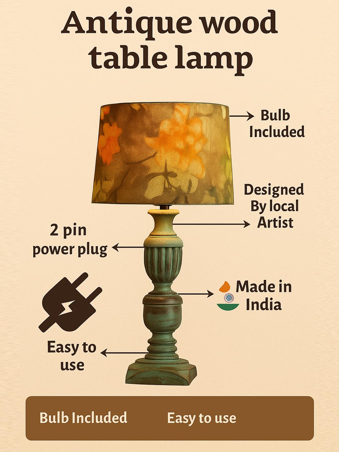 Decorcity Vintage Rustic Wooden Table Lamp for Living Room & Bedroom | Handcrafted Teal Distressed Base with Fabric Drum Shade | Bedside Nightstand Lamp for Home Décor (Wild Meadow)