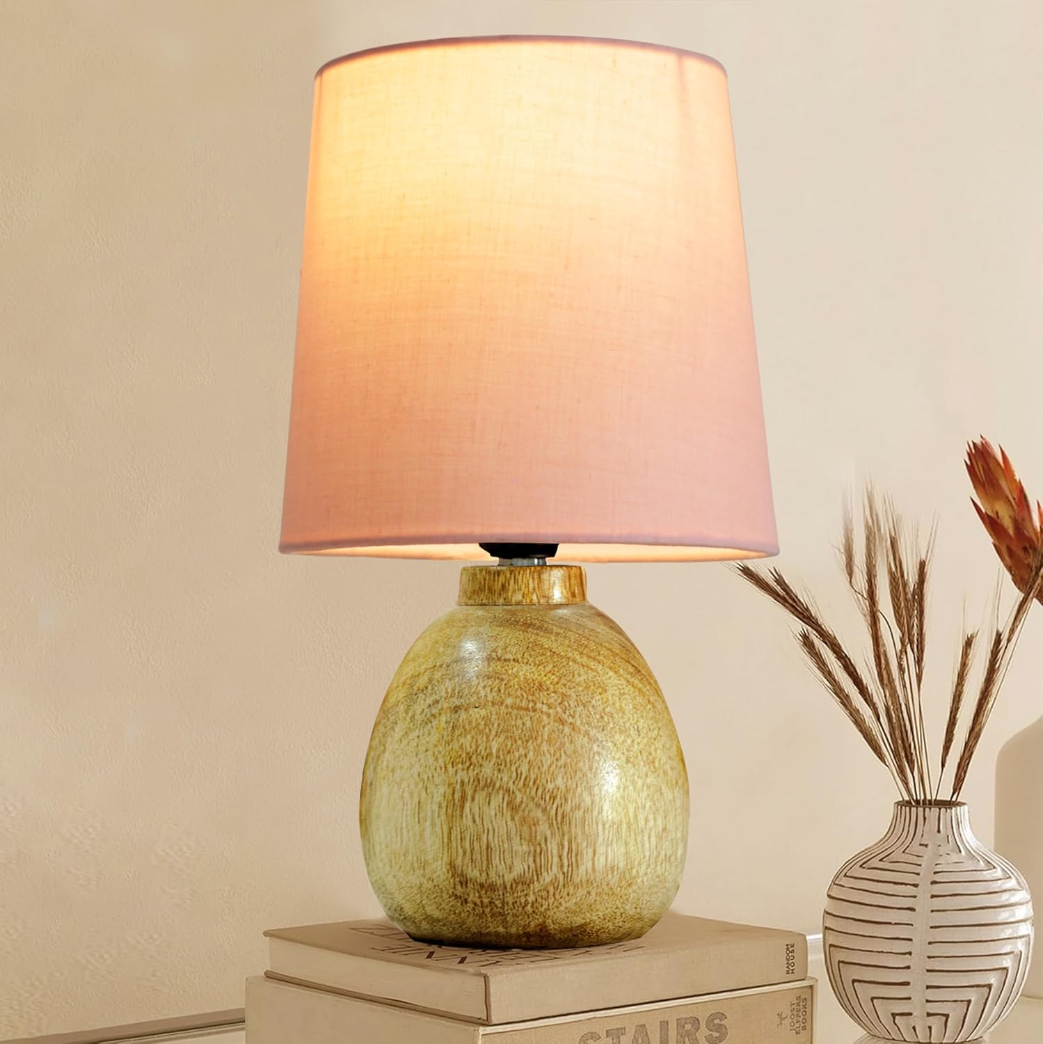 Cute Dowel Pot Wooden Table Lamp for Bedroom, Small Table Lamp Farmhouse Rustic Lamp Set Bedside Table Lamps for Nightstand Side Table Lamps for Living Room for Bedroom, Home Office, Living Room, Kids Dorm Pink