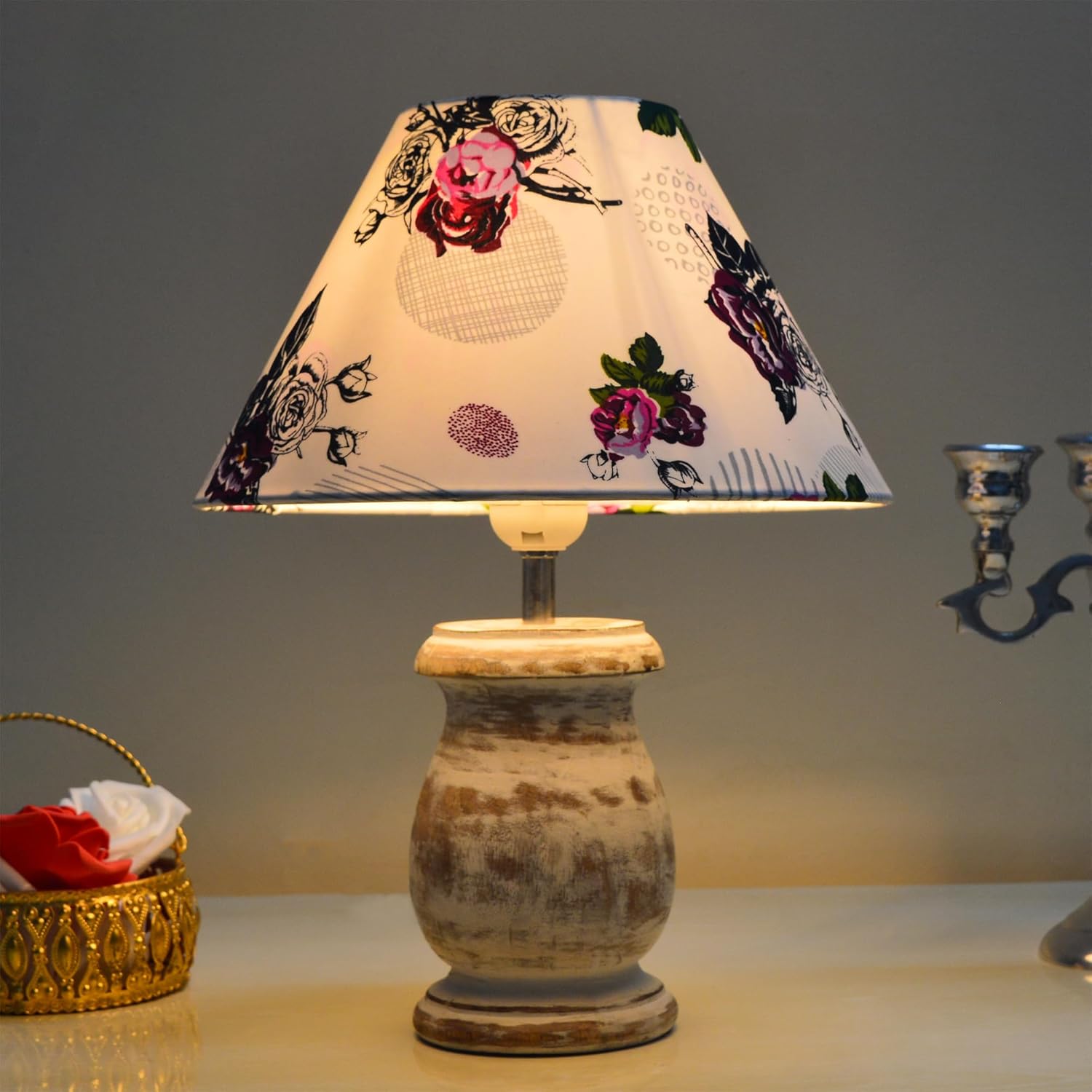 Dowel Antique White Mid Century Single Table Lamp for Living Room Farmhouse Linen Bedside Lamps for Bedroom Kids Room Dorm Office Rose