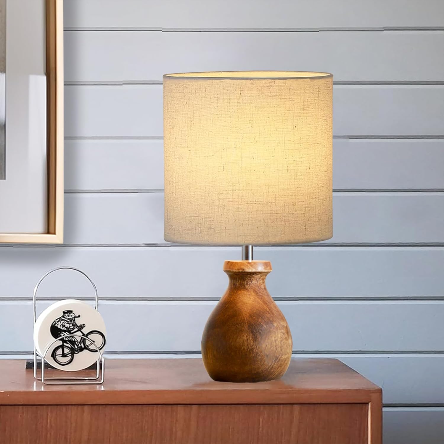 Mini Farmhouse Wooden Dome Dowel Pot Table Lamps Vintage Small Lamps Decorative for Small Spaces Bedside Lamps Suitable for Nightstand Children's Room or University Dormitory Beige