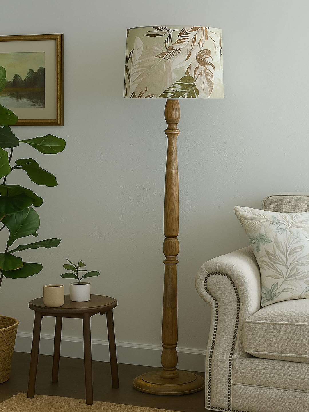 Rustic Walnut Brown Wood Floor Lamp with Multicolor Fabric Shade Antique Style Bedside, Living Room, Bedroom, Corner, Light Décor (Candlestick Palm Leaf)