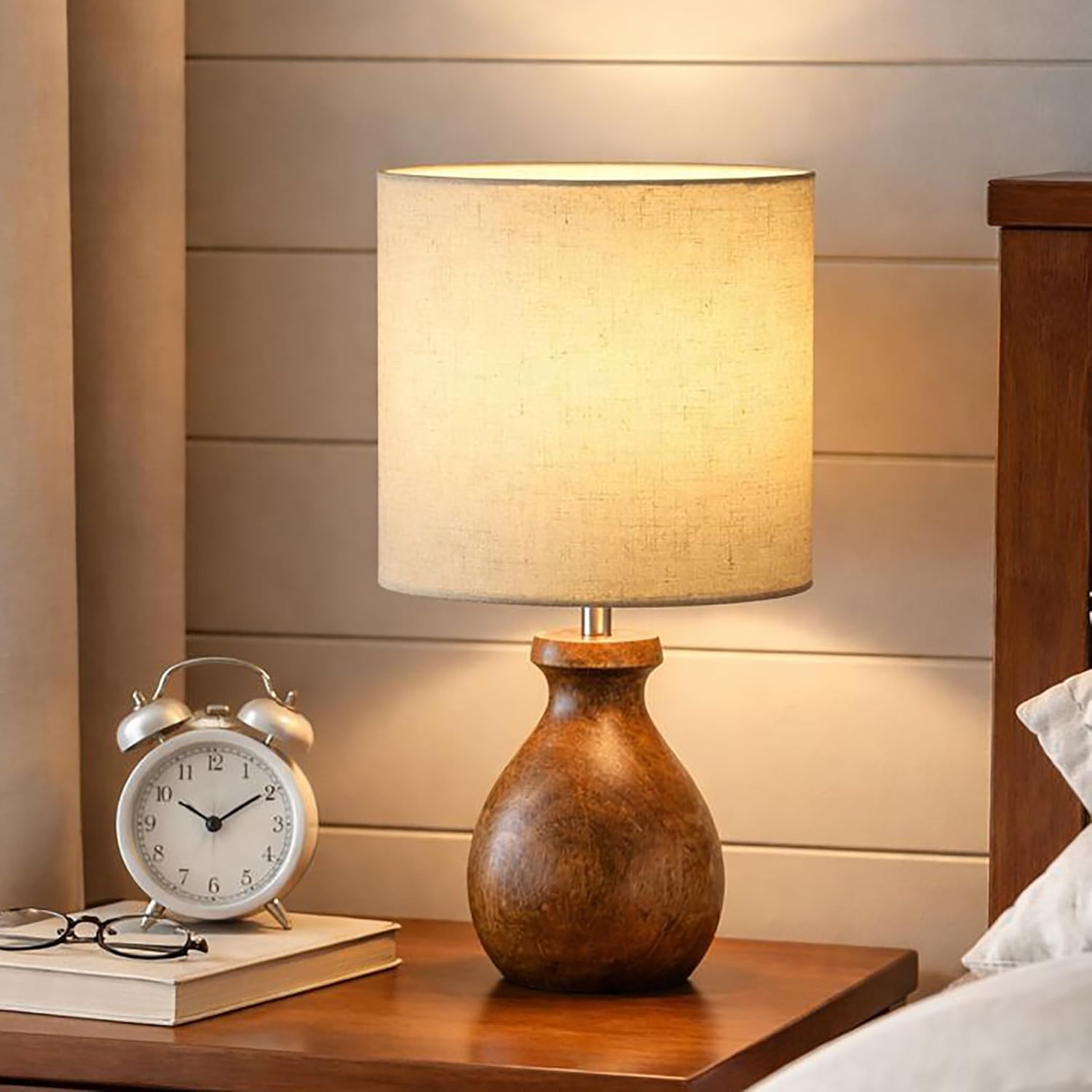 Mini Farmhouse Wooden Dome Dowel Pot Table Lamps Vintage Small Lamps Decorative for Small Spaces Bedside Lamps Suitable for Nightstand Children's Room or University Dormitory Beige