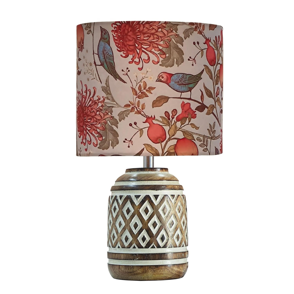 Antique Carved Cylinder Wood Table Lamp Wooden Nightstand Lamp Kids Table Lamp for Bedroom Kids Bedside Cartoon Nursery Lamp with Shade Bird