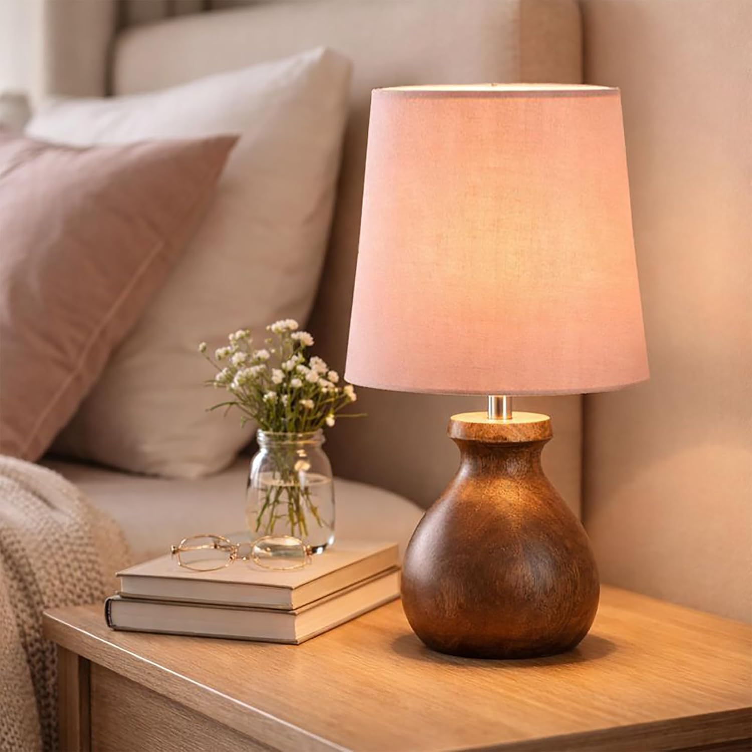 Mini Farmhouse Wooden Dome Dowel Pot Table Lamps Vintage Small Lamps Decorative for Small Spaces Bedside Lamps Suitable for Nightstand Children's Room or University Dormitory Pink