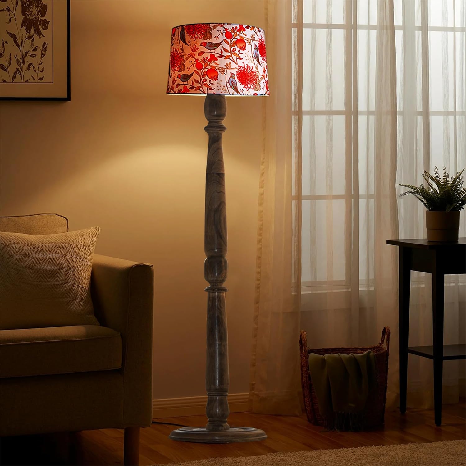 Classic Chic Vintage Stand Floor Lamp with Multicolor Taper Lamp Shade | Light Decoration for Home | Living Room & Bedroom Bedside Floor Lamp | Wooden Floor Lamp Round Rim Bird