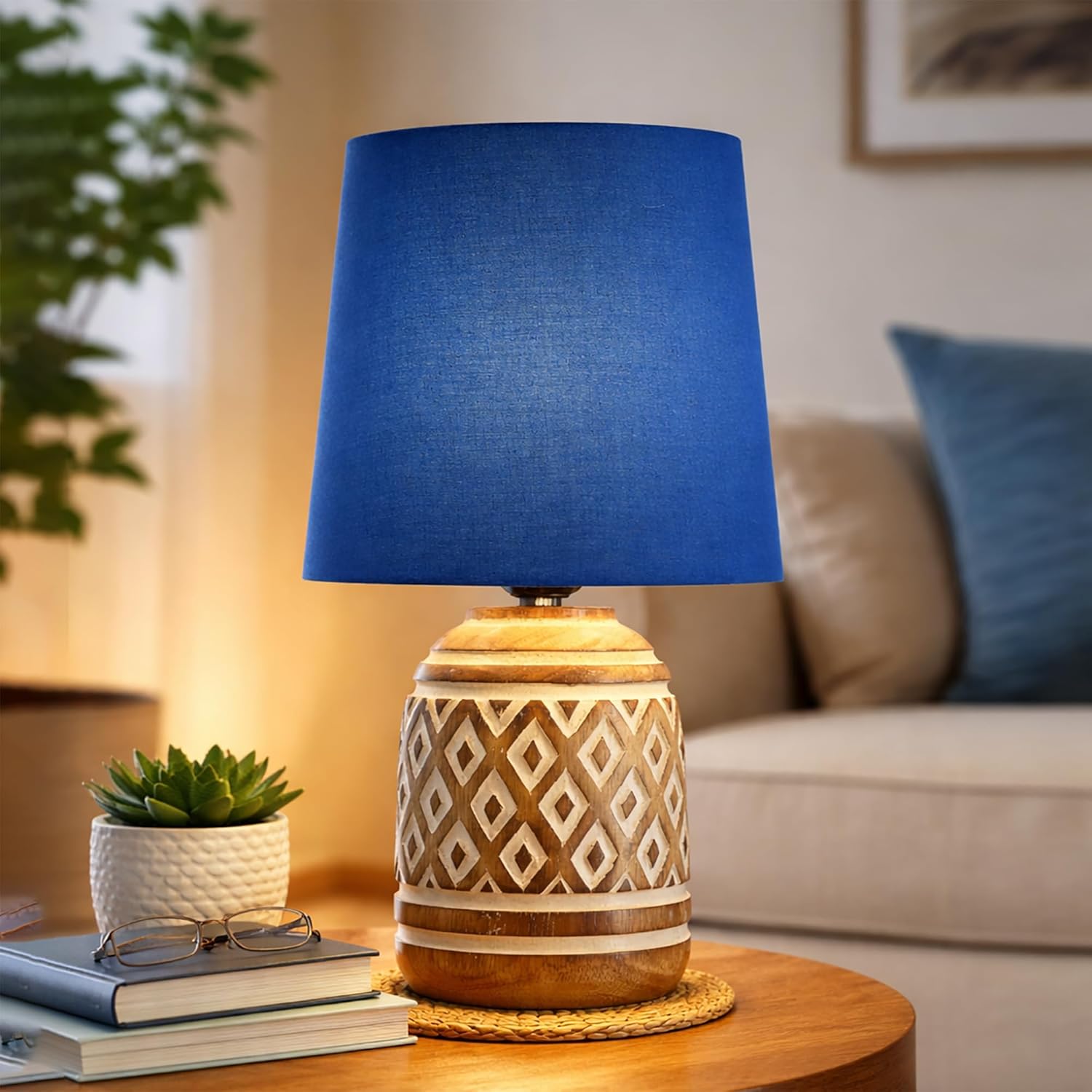 Antique Carved Cylinder Wood Table Lamp with Linen Wooden Nightstand Lamp Kids Table Lamp for Bedroom Kids Bedside Cartoon Nursery Lamp Lampshade for Girls Boys Living Room Blue