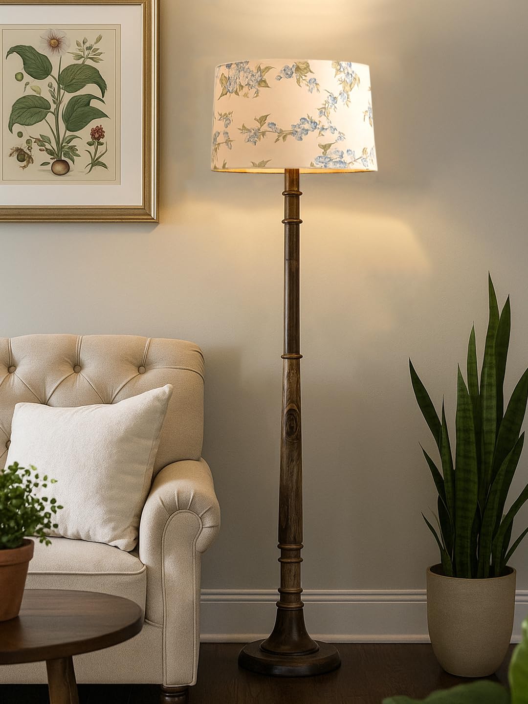 Decorcity Rustic Walnut Brown Wood Floor Lamp with Multicolor Fabric Shade Antique Style Bedside, Living Room, Bedroom, Corner, Light Décor (Tulib Cornflower)