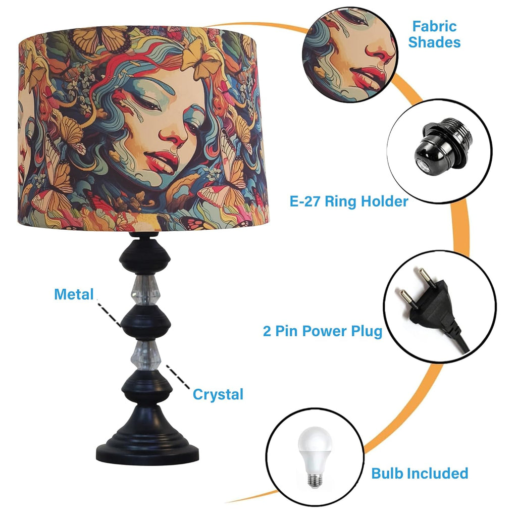 Nordic Waterdrop Black Crystal Table Lamp – Matte Finish with Butterfly Print Shade | Bedside Night Light for Bedroom, Living Room, Hallway & Home Décor | Stylish Modern Accent Lamp