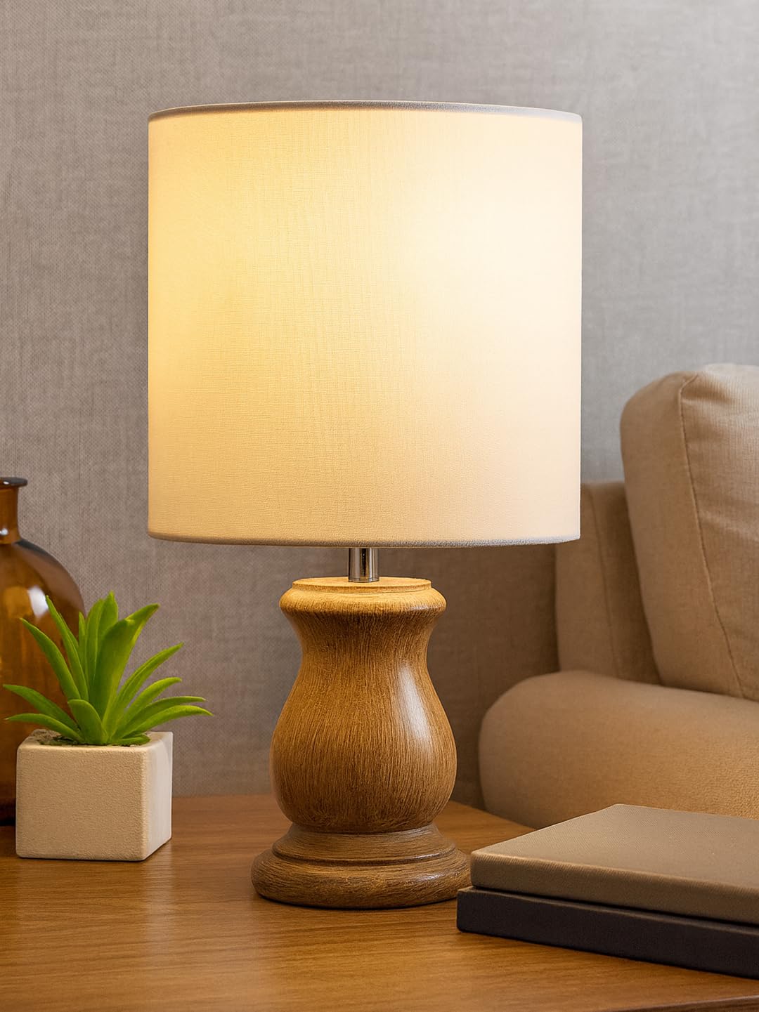 Mid Century Single Table Lamp for Living Room Farmhouse Linen Bedside Lamps for Bedroom Kids Room Dorm Office Dowel Walnut