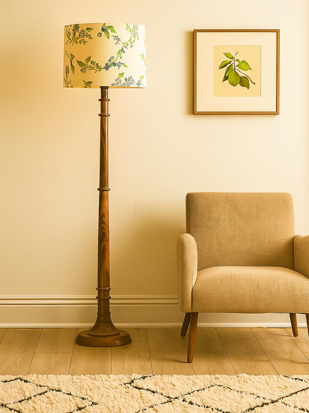 Decorcity Rustic Walnut Brown Wood Floor Lamp with Multicolor Fabric Shade Antique Style Bedside, Living Room, Bedroom, Corner, Light Décor (Tulib Cornflower)