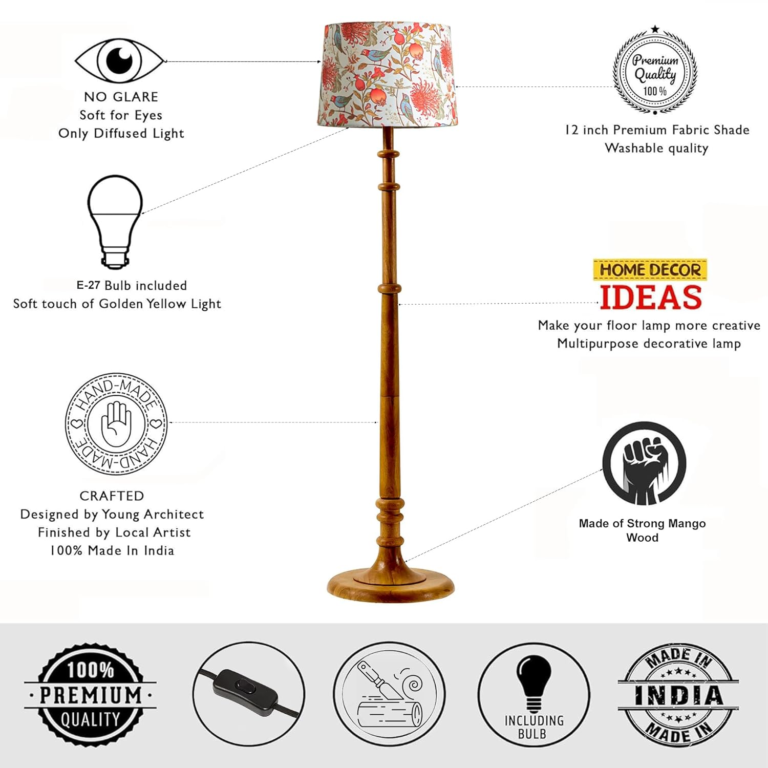 Classic Chic Vintage Stand Floor Lamp with Multicolor Taper Lamp Shade | Light Decoration for Home | Living Room & Bedroom Bedside Floor Lamp | Wooden Floor Lamp Tulib Bird