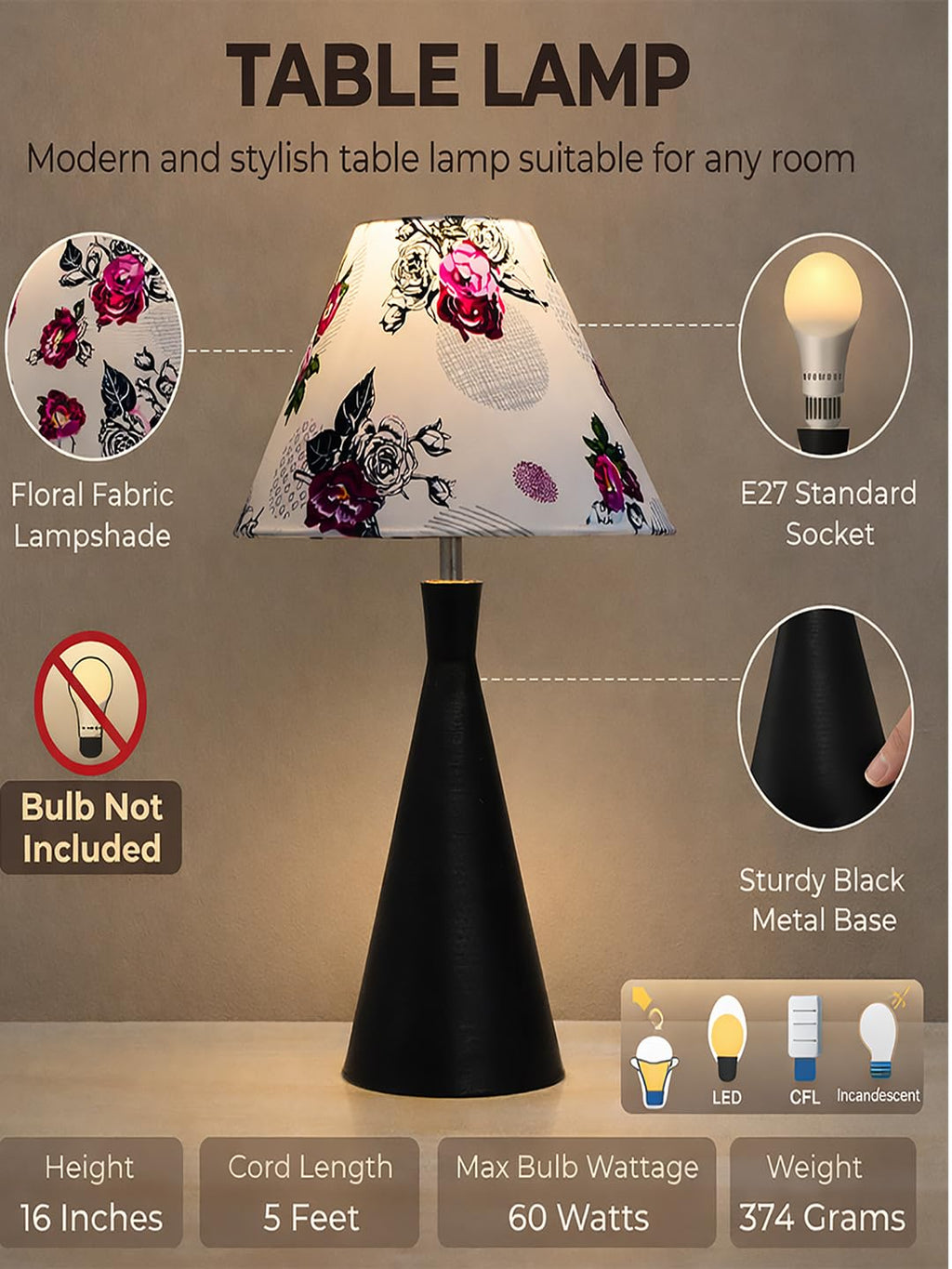 Black Metal Cone Table Lamp with ShadeTable Lamp for Home Decoration | 'Intriguingly Goth' Handcrafted Table Lamp for Living Room Bedroom, Entertainment Room, Office, Kitchen, Dining Rose