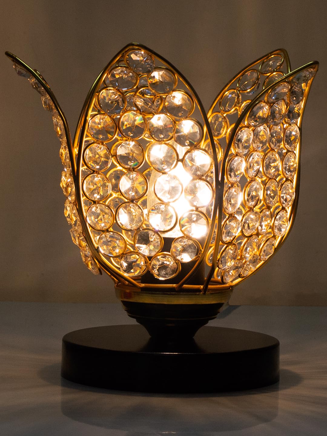 Crystal Lotus Table Lamp for Bedroom & Living Room | Modern Gold Decorative Desk Lamp | Warm White Night Lamp for Home, Office, Bedside & Corner Décor (Black Gold)