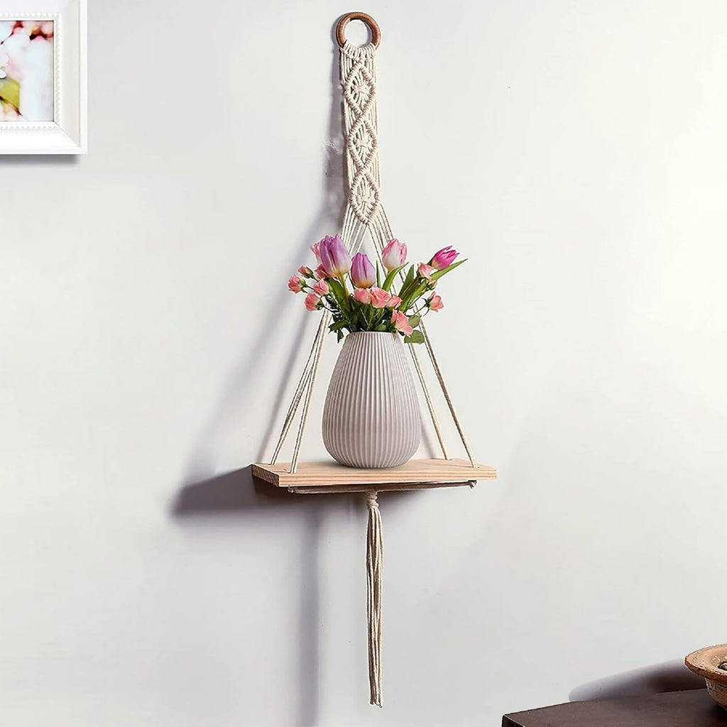 Macrame Wall Hanging Shelf, Wood Floating Shelves Boho Wall Decor, Adjustable Rustic Plant Storage Rack Holder with Tassels Room Decor for Bedroom Lving Room Nursery 55 x 30 cm