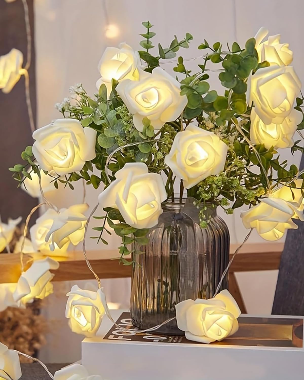 Rose Flower String Lights, 14 LED Electric Operated Romantic Rose Lights, 13Ft Artificial Flowers Garland Led Lights for Valentine's Day Wedding Indoor Outdoor Festival Party Decor White