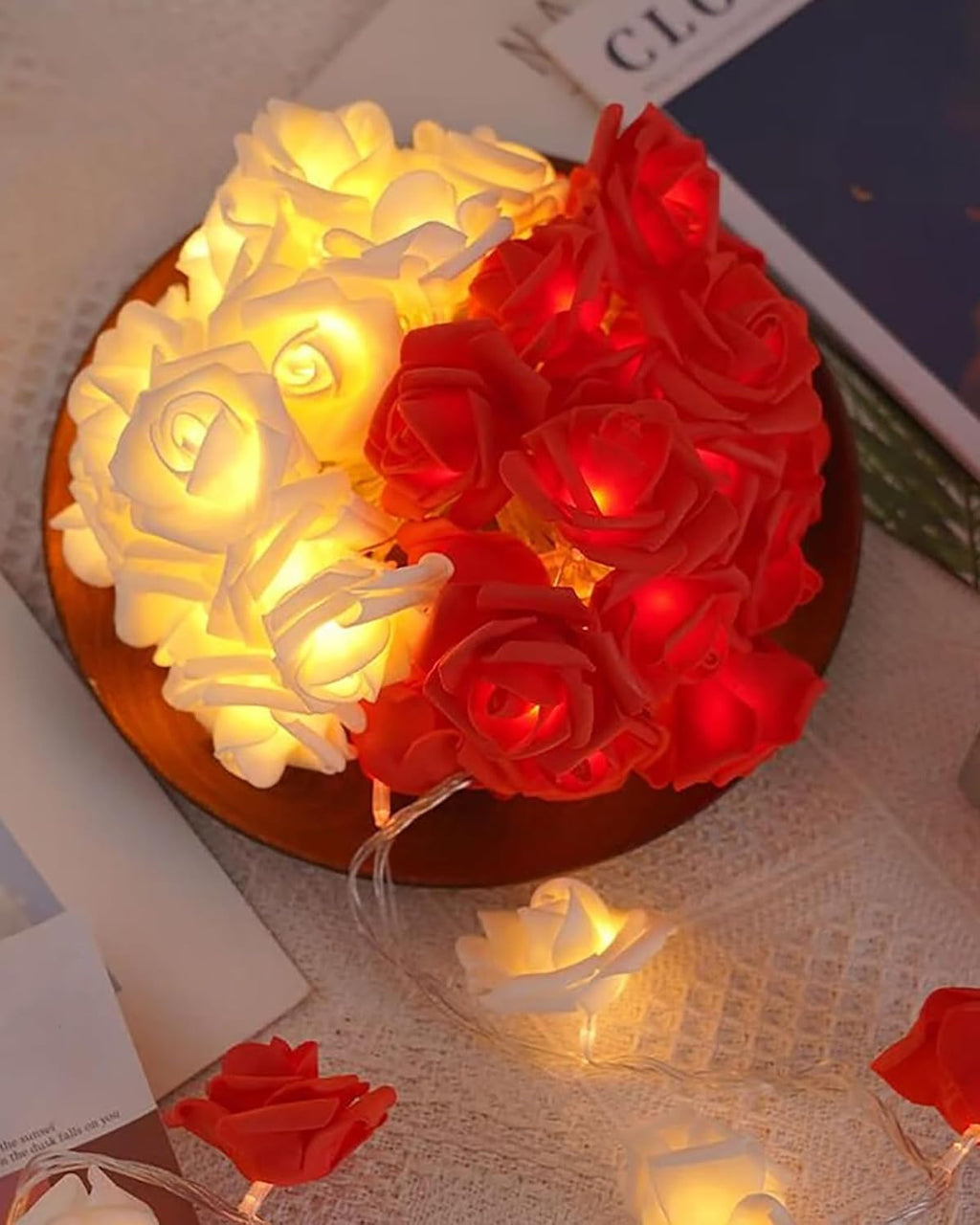 Rose Flower String Lights, 14 LED Electric Operated Romantic Rose Lights, 13Ft Artificial Flowers Garland Led Lights for Valentine's Day Wedding Indoor Outdoor Festival Party Decor Red White
