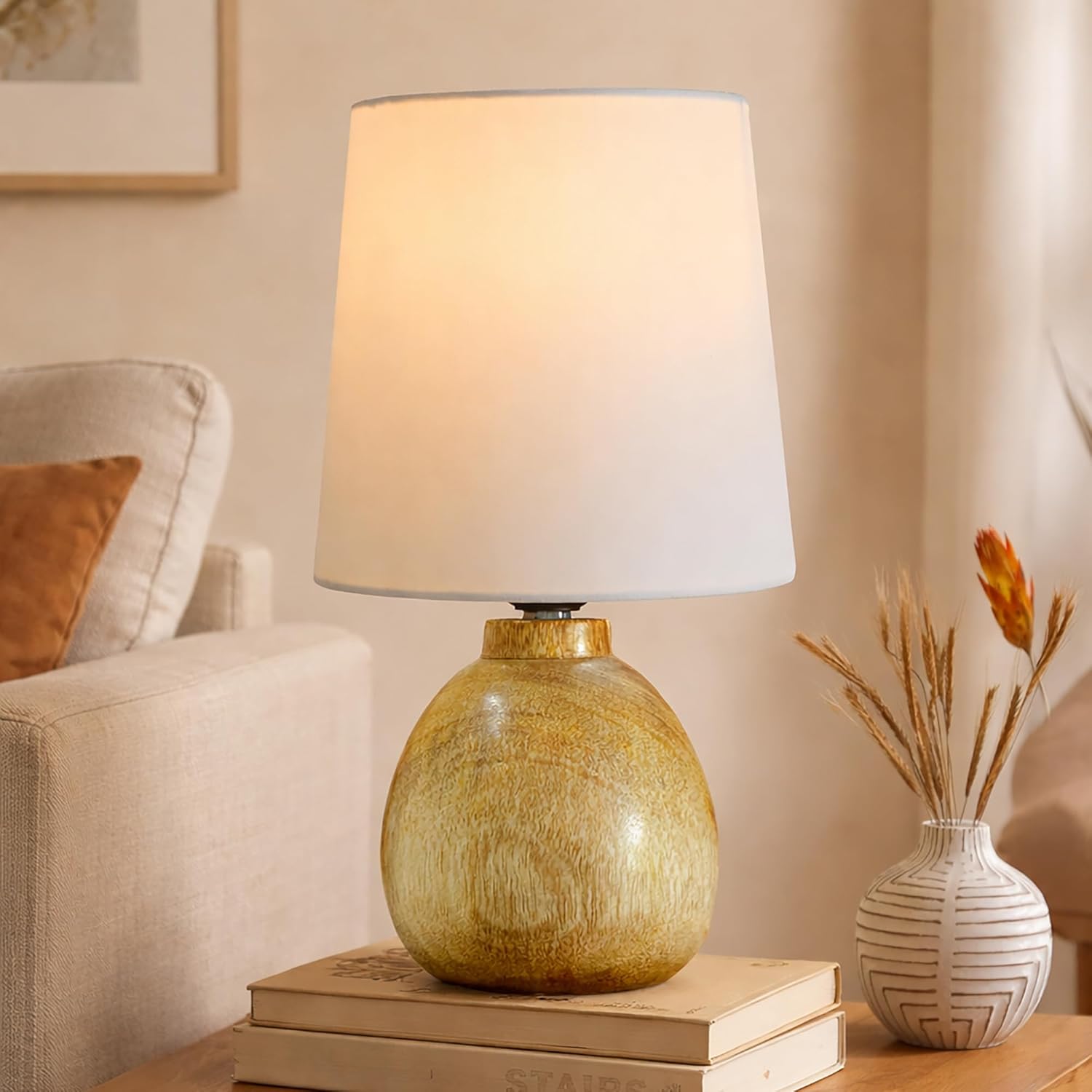 Cute Dowel Pot Wooden Table Lamp for Bedroom, Small Table Lamp Farmhouse Rustic Lamp Set Bedside Table Lamps for Nightstand Side Table Lamps for Living Room for Bedroom, Home Office, Living Room, Kids Dorm White