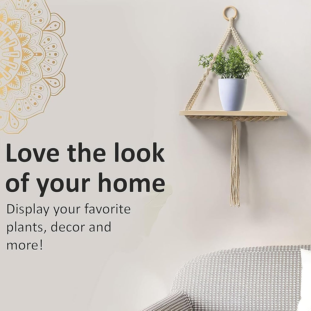 Macrame Wall Hanging Shelf, Wood Floating Shelves Boho Wall Decor, Adjustable Rustic Plant Storage Rack Holder with Tassels Room Decor for Bedroom Lving Room Nursery Tringle