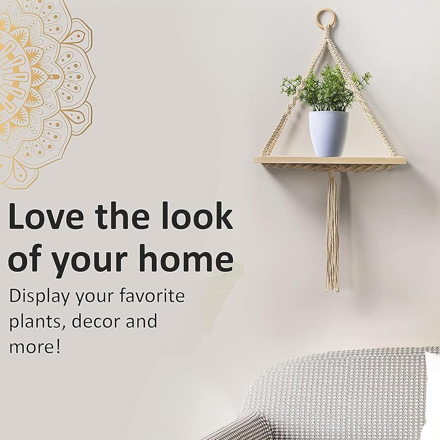 Macrame Wall Hanging Shelf, Wood Floating Shelves Boho Wall Decor, Adjustable Rustic Plant Storage Rack Holder with Tassels Room Decor for Bedroom Lving Room Nursery Tringle