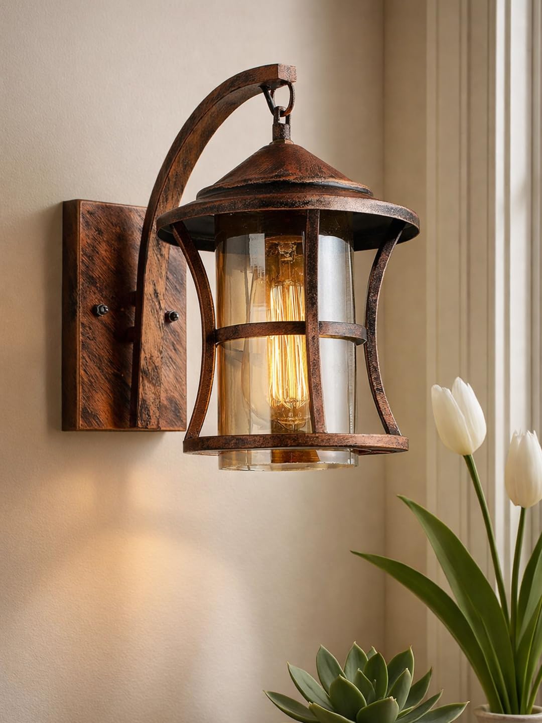 Wall Sconce,Oil Rubbed Bronze Wall Sconces,Retro Rustic Wall Lamps,Sconces Wall Lighting with Amber Glass,Indoor Vintage Bedside Wall Lighting for Living Room Bathroom Copper Home