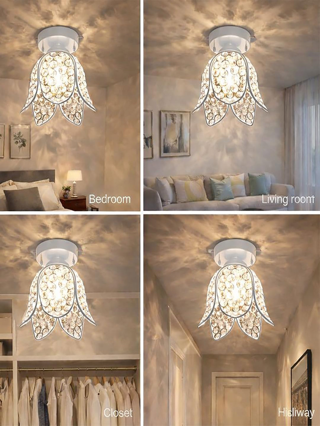 Modern Crystal Flush Mount Ceiling Light | Gold Finish Decorative Ceiling Lamp for Hallway, Bedroom, Living Room, Balcony & Foyer | Warm Light Home Decor Fixture (White Lotus)