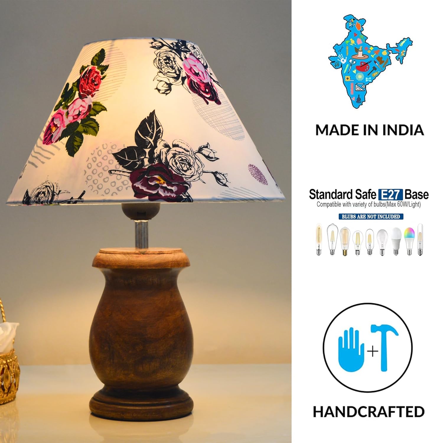 Mid Century Single Table Lamp for Living Room Farmhouse Linen Bedside Lamps for Bedroom Kids Room Dorm Office Dowel Walnut Rose