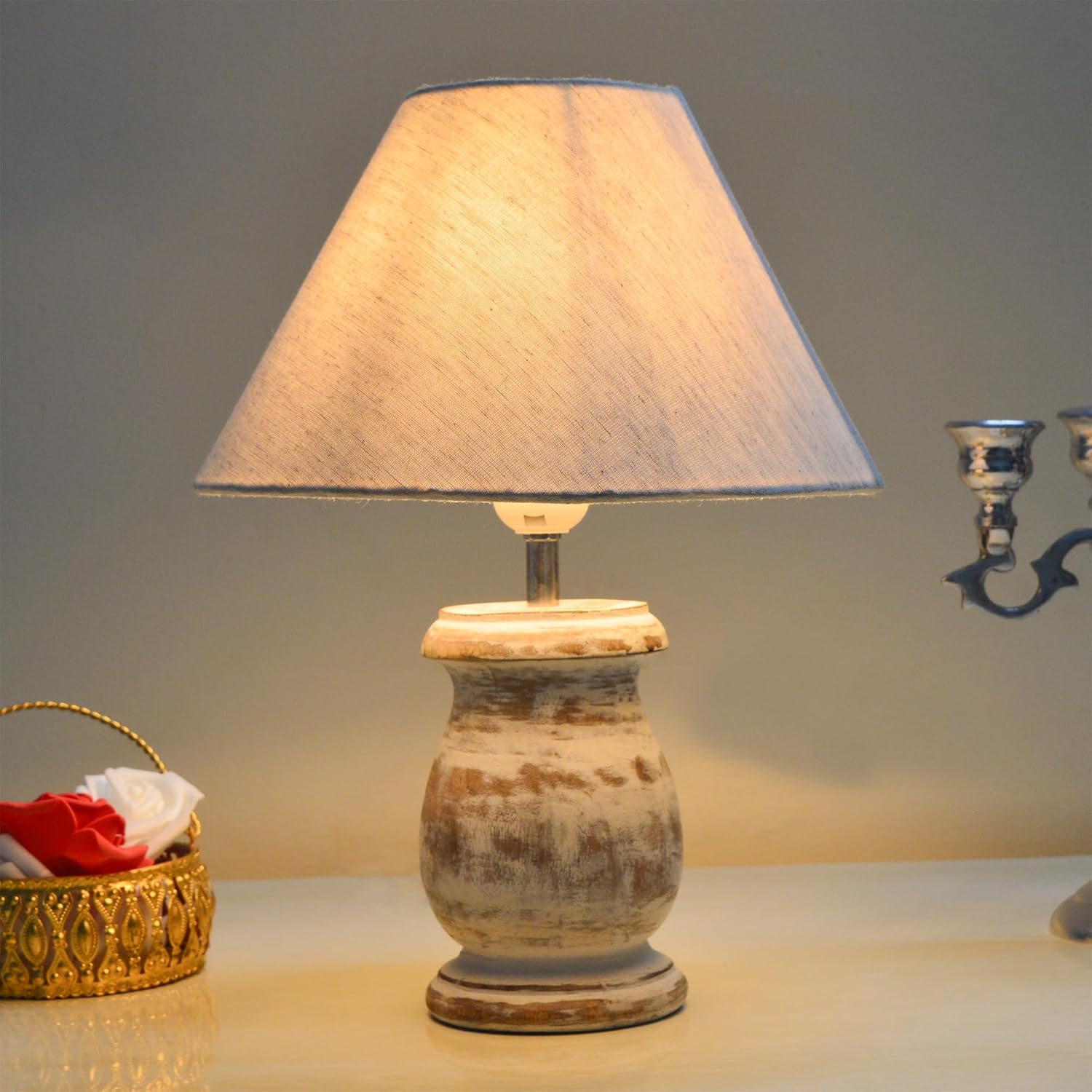 Dowel Antique White Mid Century Single Table Lamp for Living Room Farmhouse Linen Bedside Lamps for Bedroom Kids Room Dorm Office Khadi