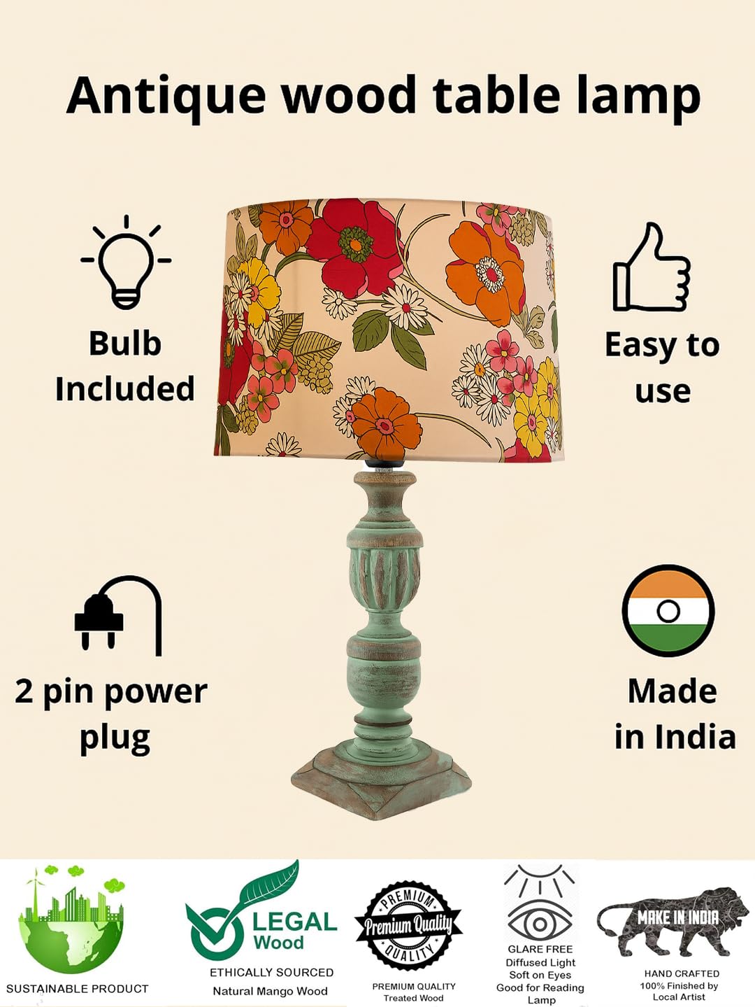 Decorcity Vintage Rustic Wooden Table Lamp for Living Room & Bedroom | Handcrafted Teal Distressed Base with Fabric Drum Shade | Bedside Nightstand Lamp for Home Décor (Gazania Sunshine)