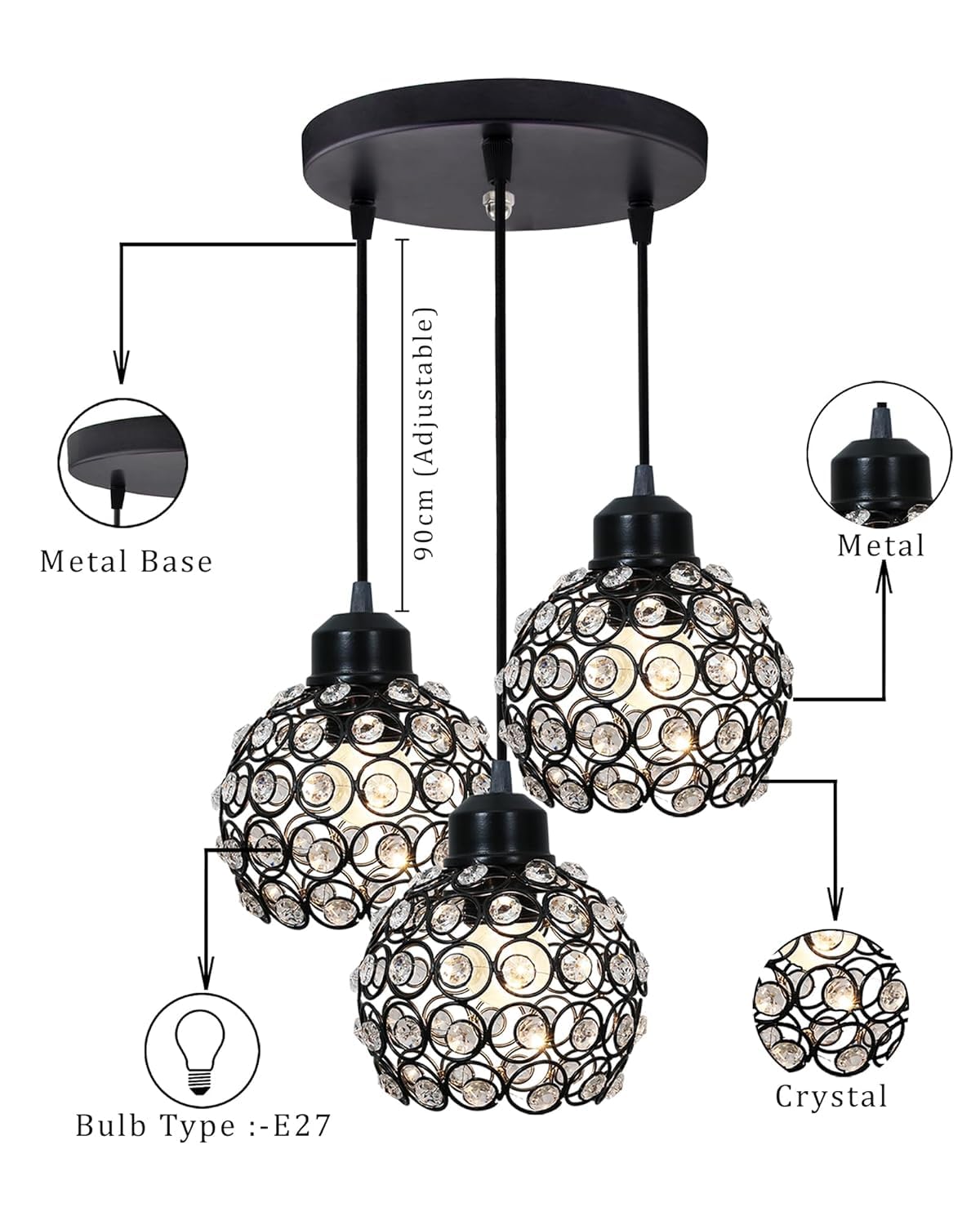 Modern Crystal Ball Pendant Light Shade Lampshade Jewel Ball Lamp Chandelier for Living Room Home Decor Living Room Cafe Pendant Lights Bar Stair Droplight Black