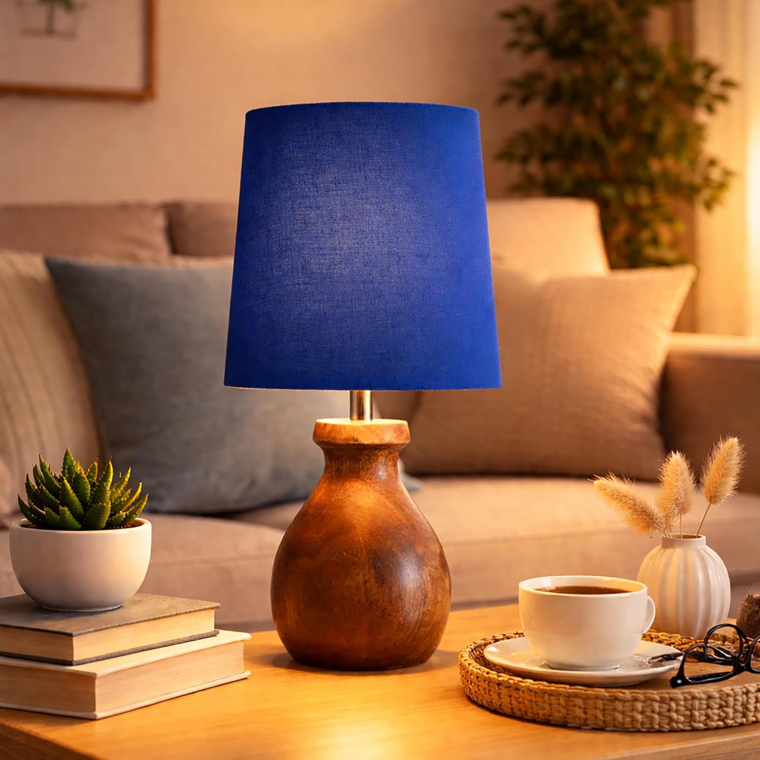 Mini Farmhouse Wooden Dome Dowel Pot Table Lamps Vintage Small Lamps Decorative for Small Spaces Bedside Lamps Suitable for Nightstand Children's Room or University Dormitory Blue