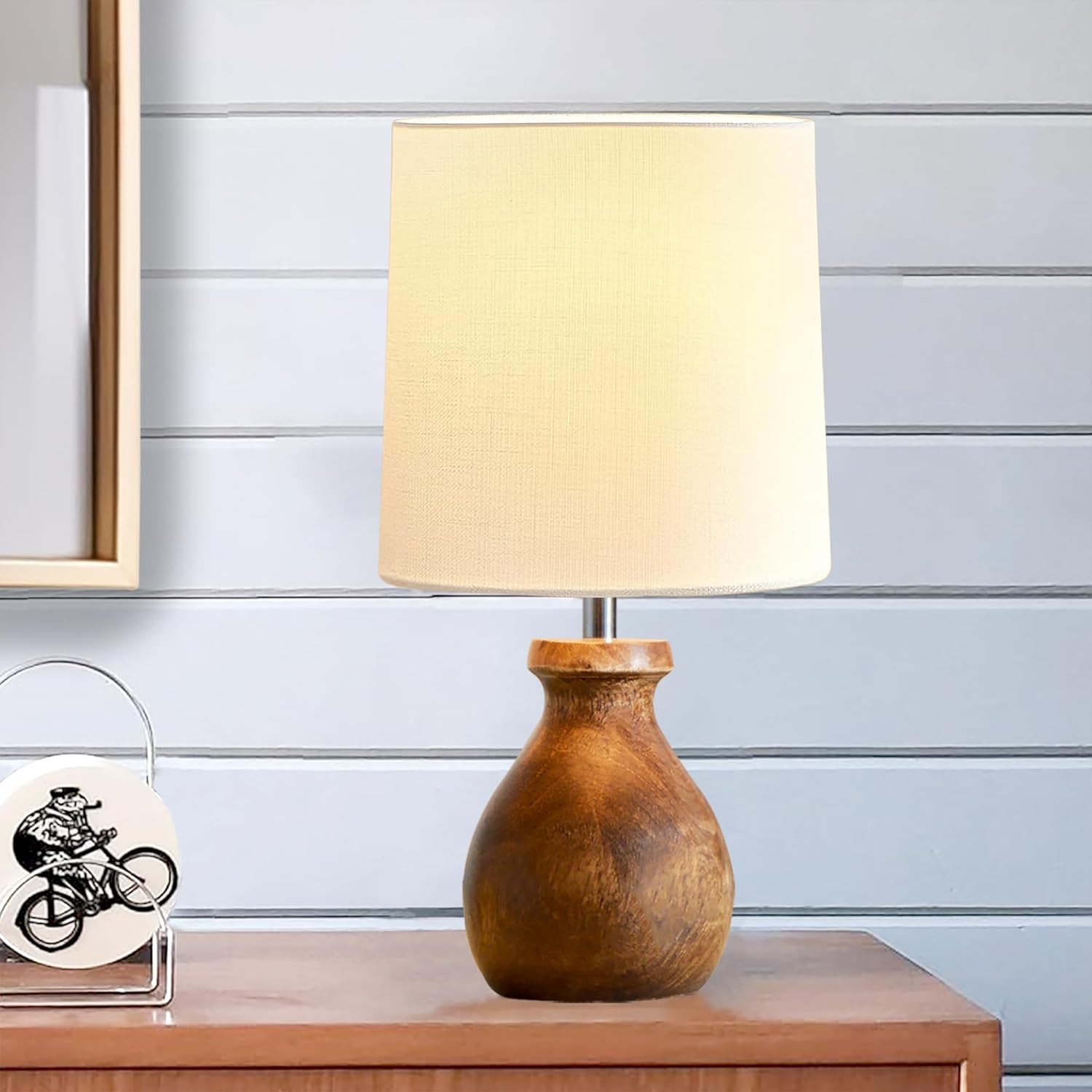 Mini Farmhouse Wooden Dome Dowel Pot Table Lamps Vintage Small Lamps Decorative for Small Spaces Bedside Lamps Suitable for Nightstand Children's Room or University Dormitory White