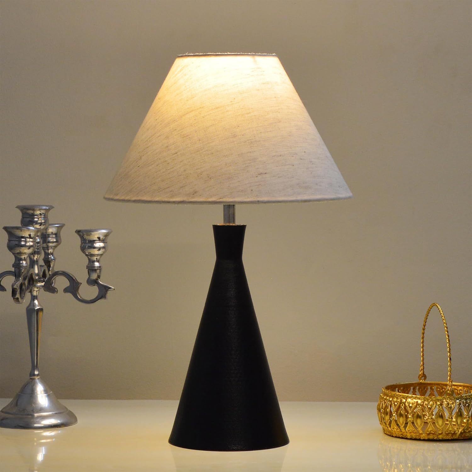 Black Metal Cone Table Lamp with ShadeTable Lamp for Home Decoration | 'Intriguingly Goth' Handcrafted Table Lamp for Living Room Bedroom, Entertainment Room, Office, Kitchen, Dining Khadi
