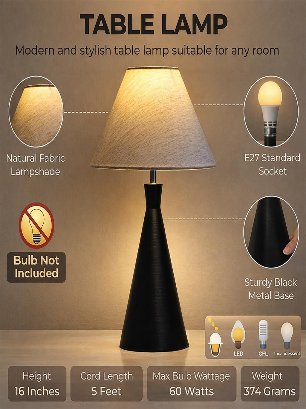 Black Metal Cone Table Lamp with ShadeTable Lamp for Home Decoration | 'Intriguingly Goth' Handcrafted Table Lamp for Living Room Bedroom, Entertainment Room, Office, Kitchen, Dining Khadi